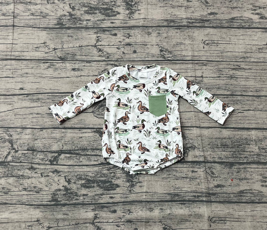 Baby Boys Long Sleeve Green Ducks Pocket Southern Rompers