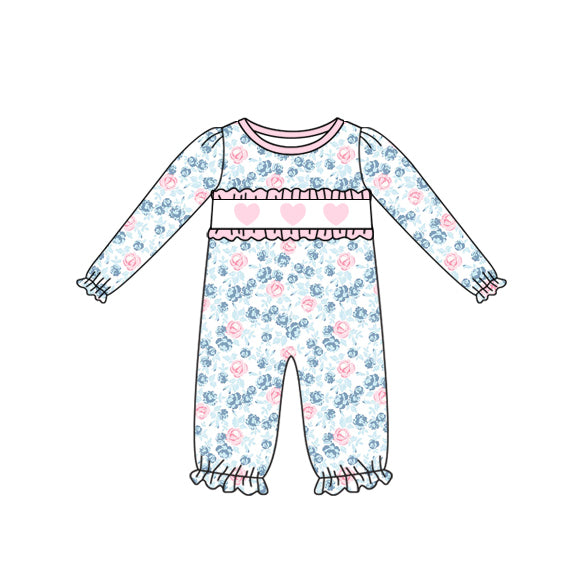 Baby Girls Long Sleeve Flowers Hearts Valentine Ruffle Footie Rompers Preorder