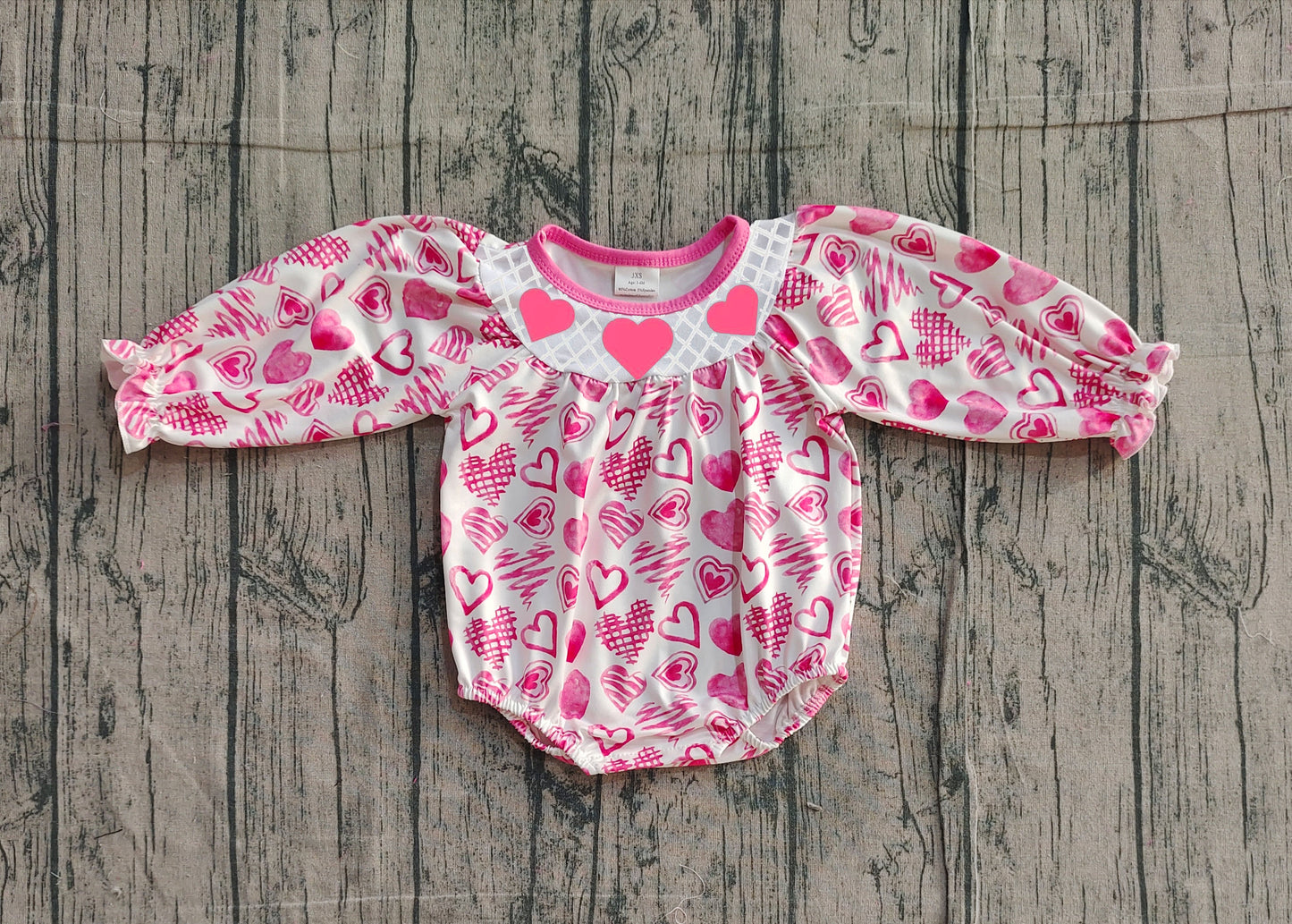 Embroidery Hearts Baby Girls Valentines Long Ruffle Sleeve Rompers Preorder