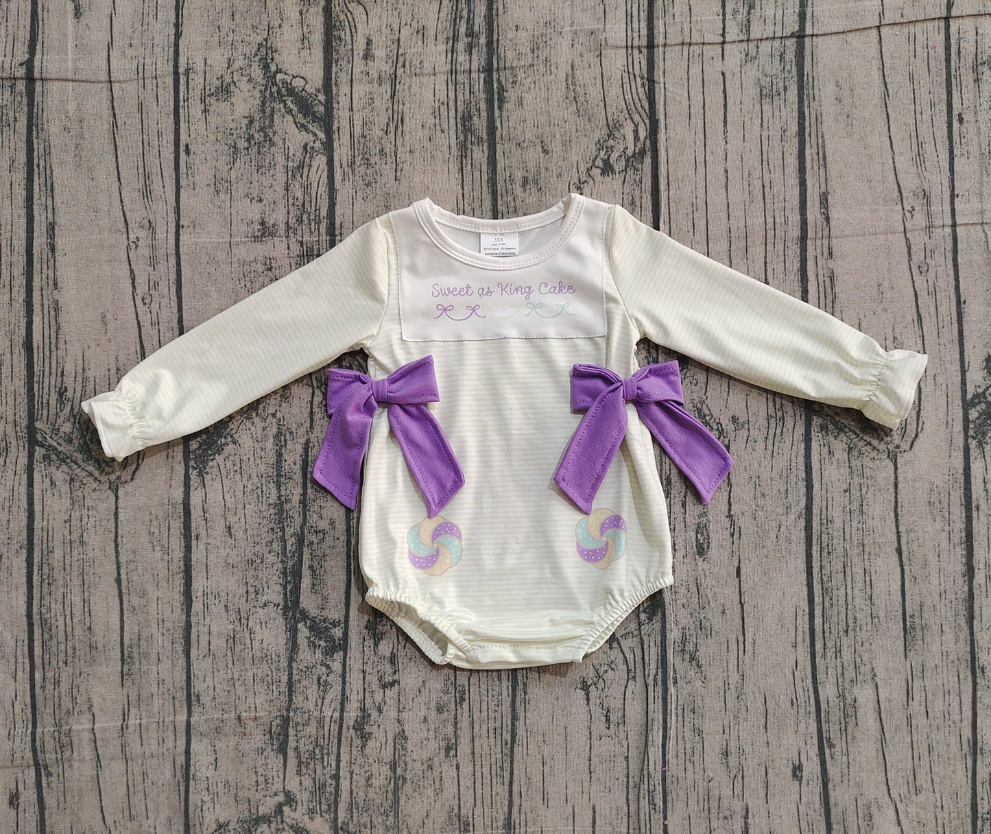 Baby Girls Mardigras Sweet as King Cake Stripe Bows Ruffle Rompers Preorder