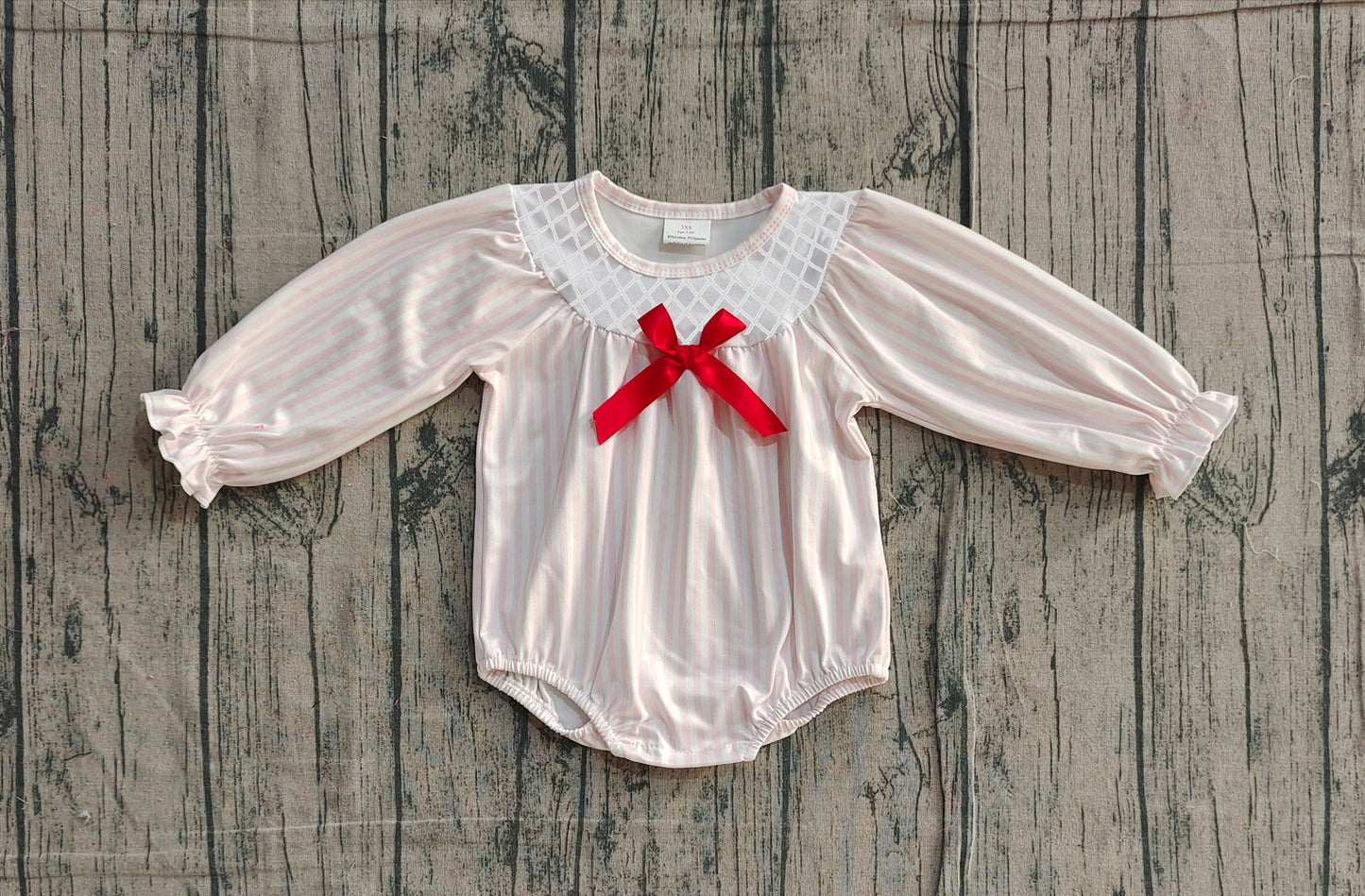 Embroidery Checked Baby Girls Pink Stripe Bows Valentines Ruffle Rompers Preorder