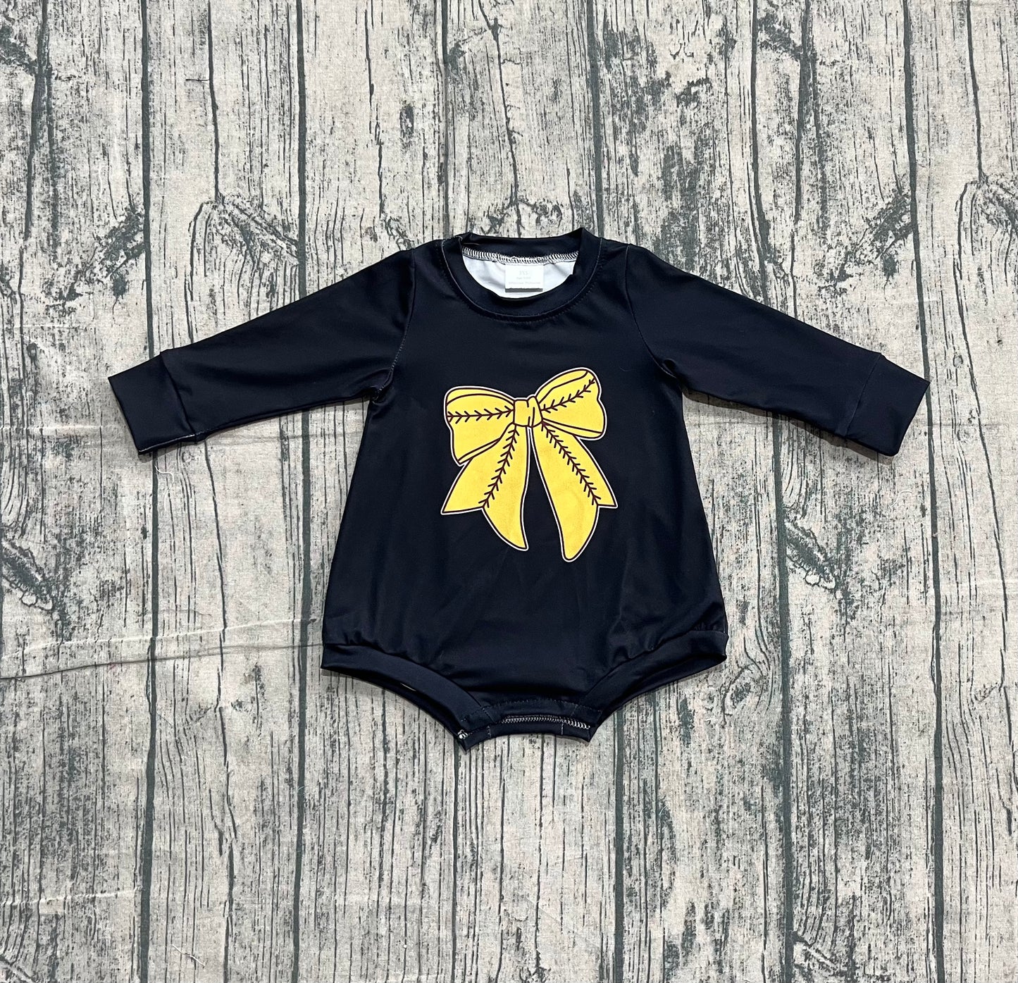 Baby Girls Black Long Sleeve Gold Baseballs Bows Team Rompers