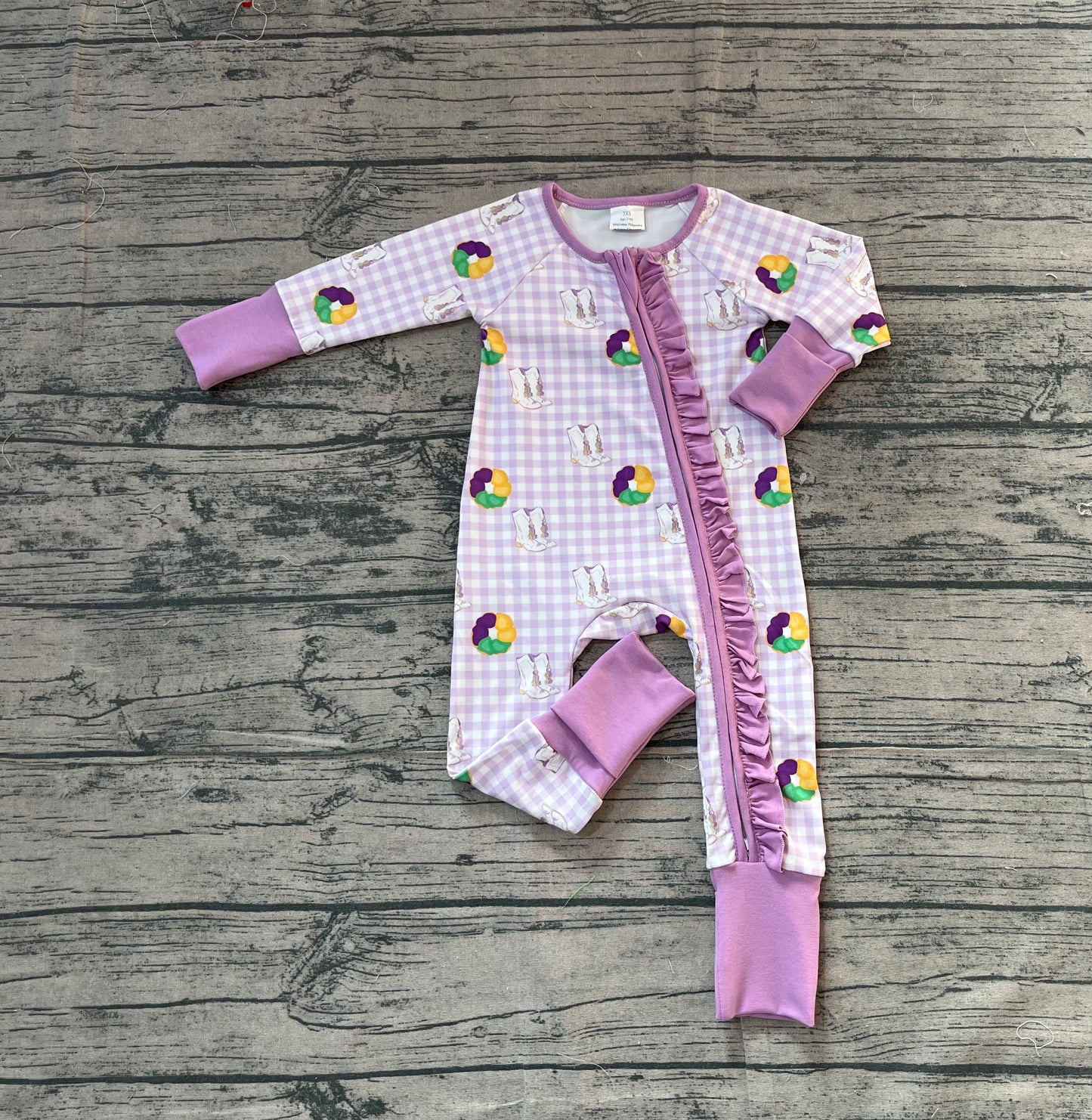Baby Girls Mardigras Boots Donuts Checked Two Way Ruffle Zip Convertible Rompers