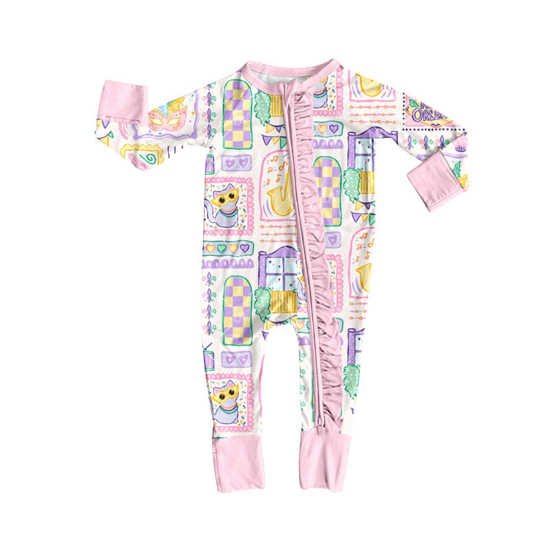 Baby Girls Mardigras Anchors Masks Checked Ruffle Zipper Footie Rompers Preorder