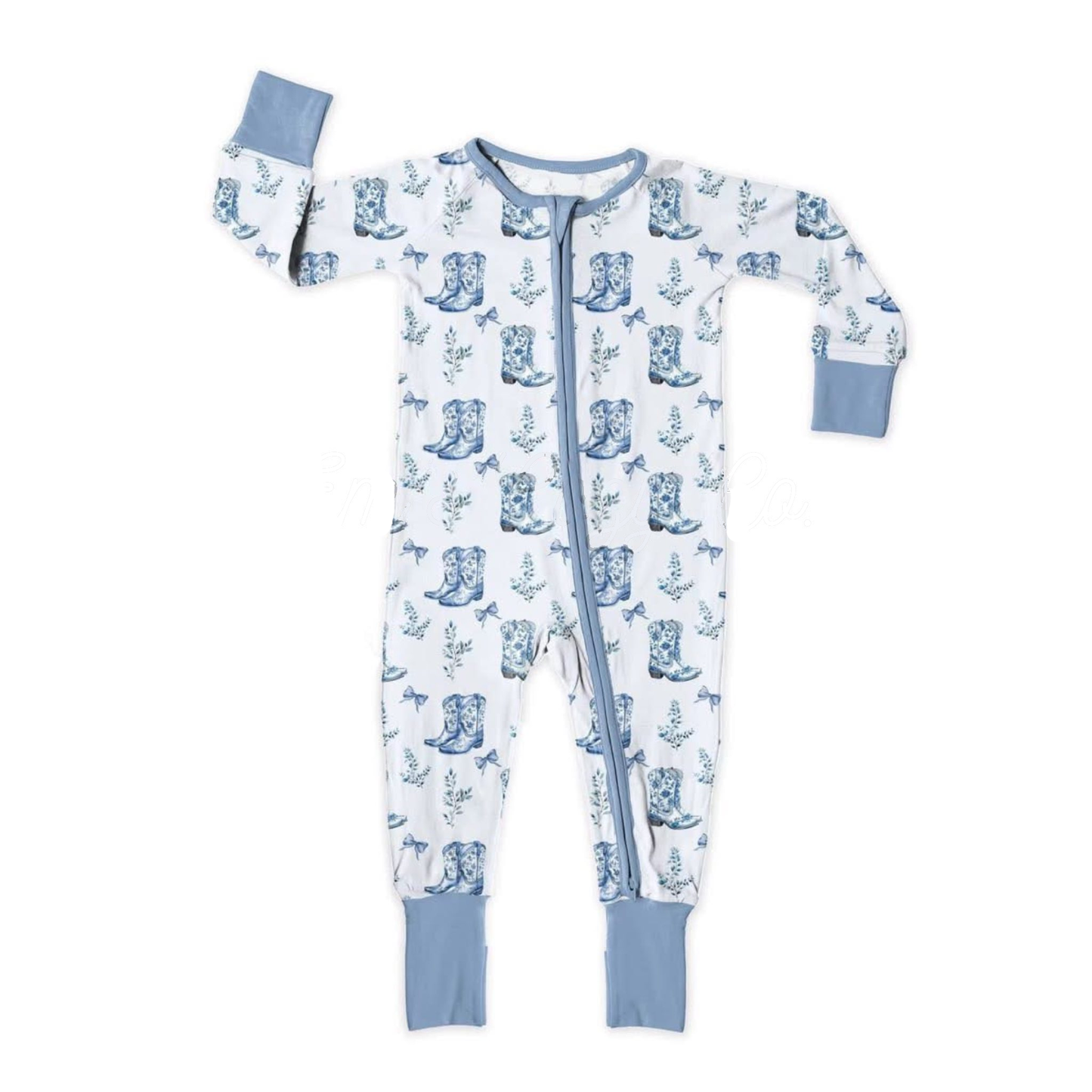 Baby Girls Blue Boots Bows Zipper Footie Rompers Preorder