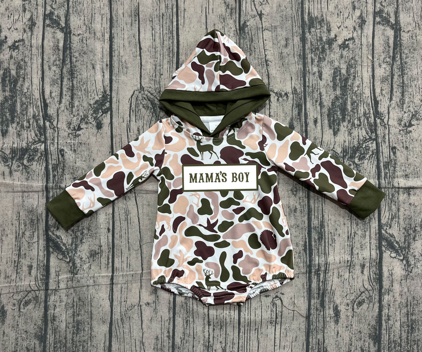 Embroidery Mama's Boy Baby Boys Deer Ducks Camo Hoodie Rompers Preorder