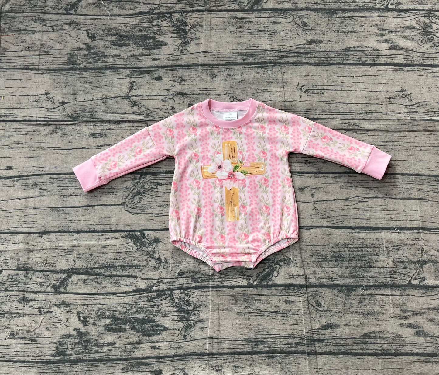 Baby Girls Pink Flowers Stripe Cross Easter Rompers