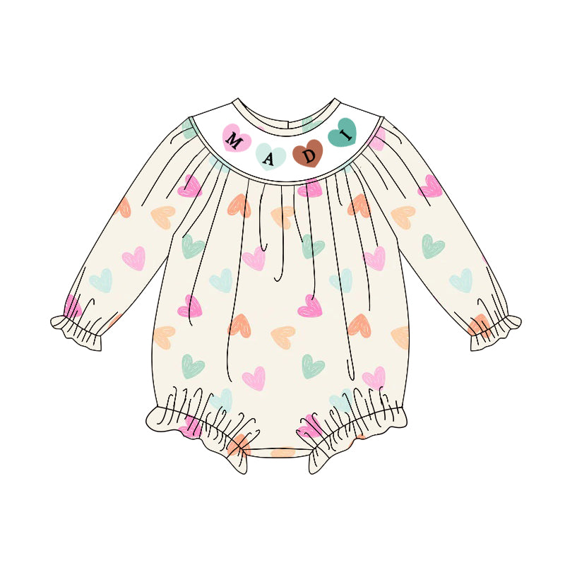 Baby Girls Long Sleeve Colorful Hearts Madi Valentine Ruffle Rompers Preorder