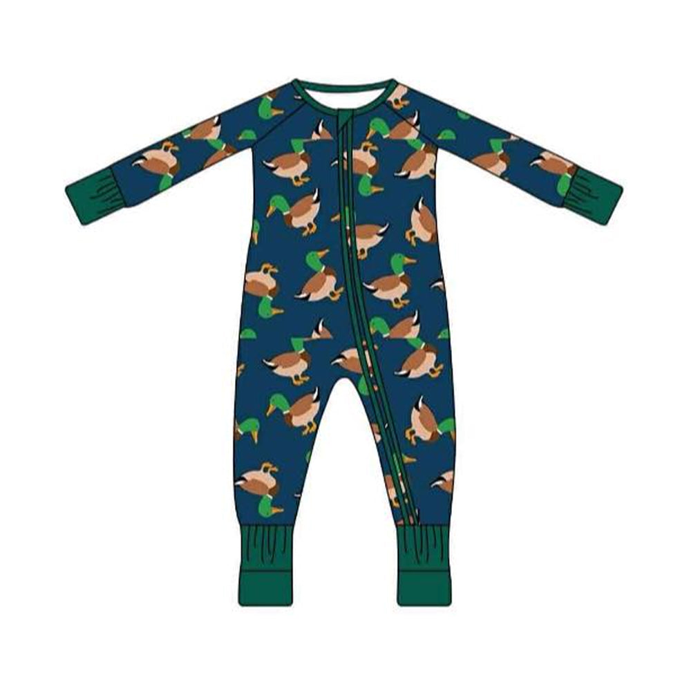 Baby Boys Navy Short Sleeve Ducks Plaid Hunting Zipper Foodie Rompers Preorder