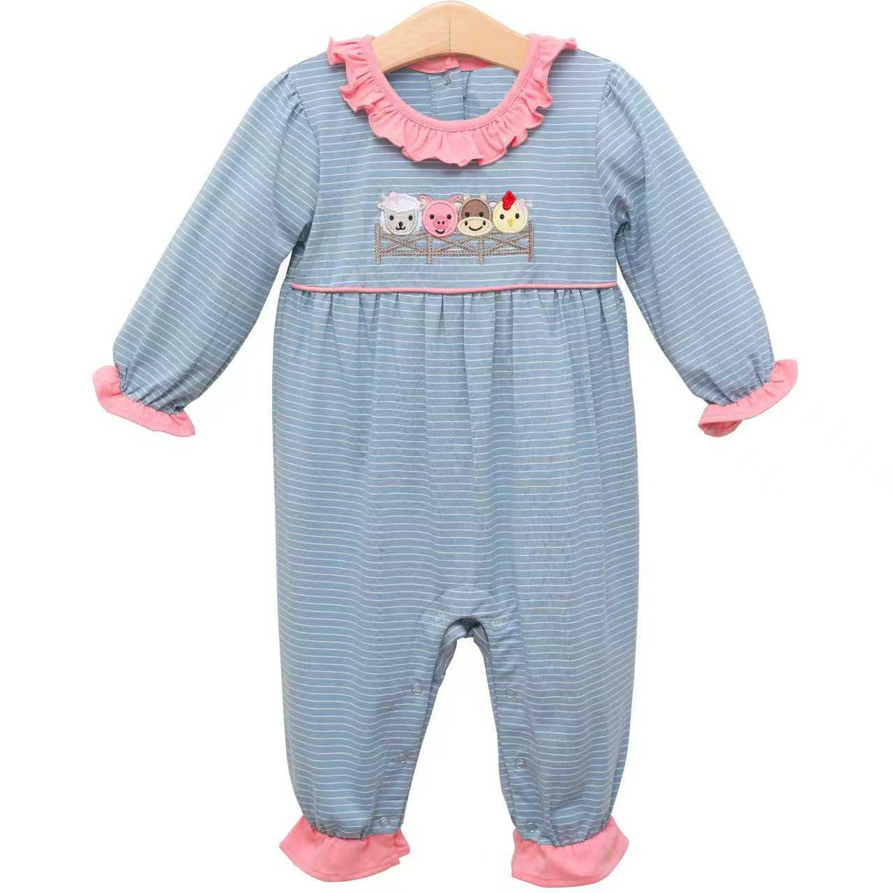 Baby Girls Long Sleeve Blue Stripe Farm Pigs Cows Ruffle Footie Rompers Preorder