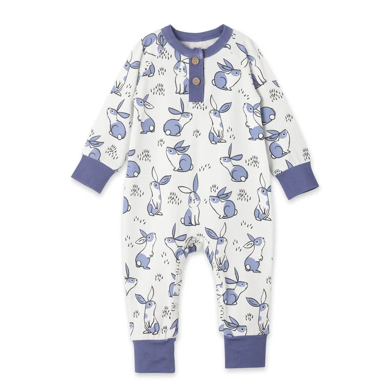 Baby Boys Blue Rabbits Plaid Button Easter Footie Rompers Preorder