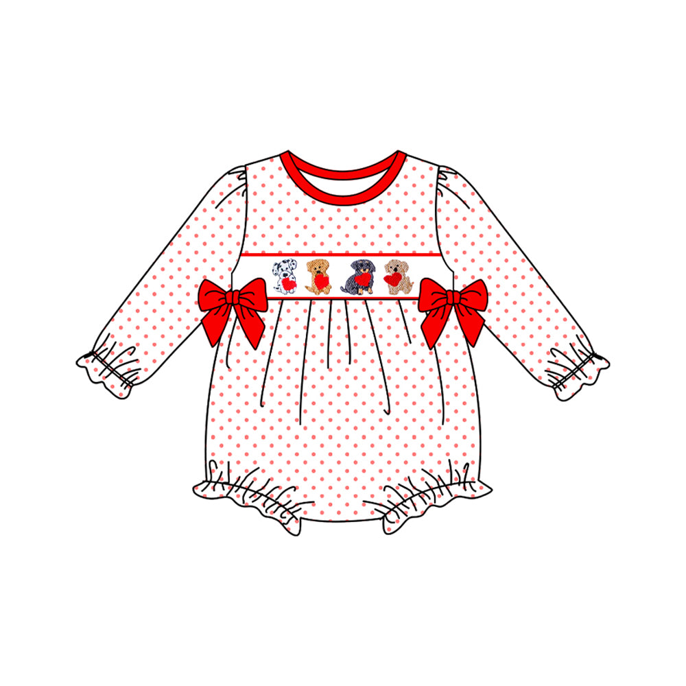 Baby Girls Long Sleeve Hearts Dogs Polka Dots Valentine Ruffle Rompers Preorder