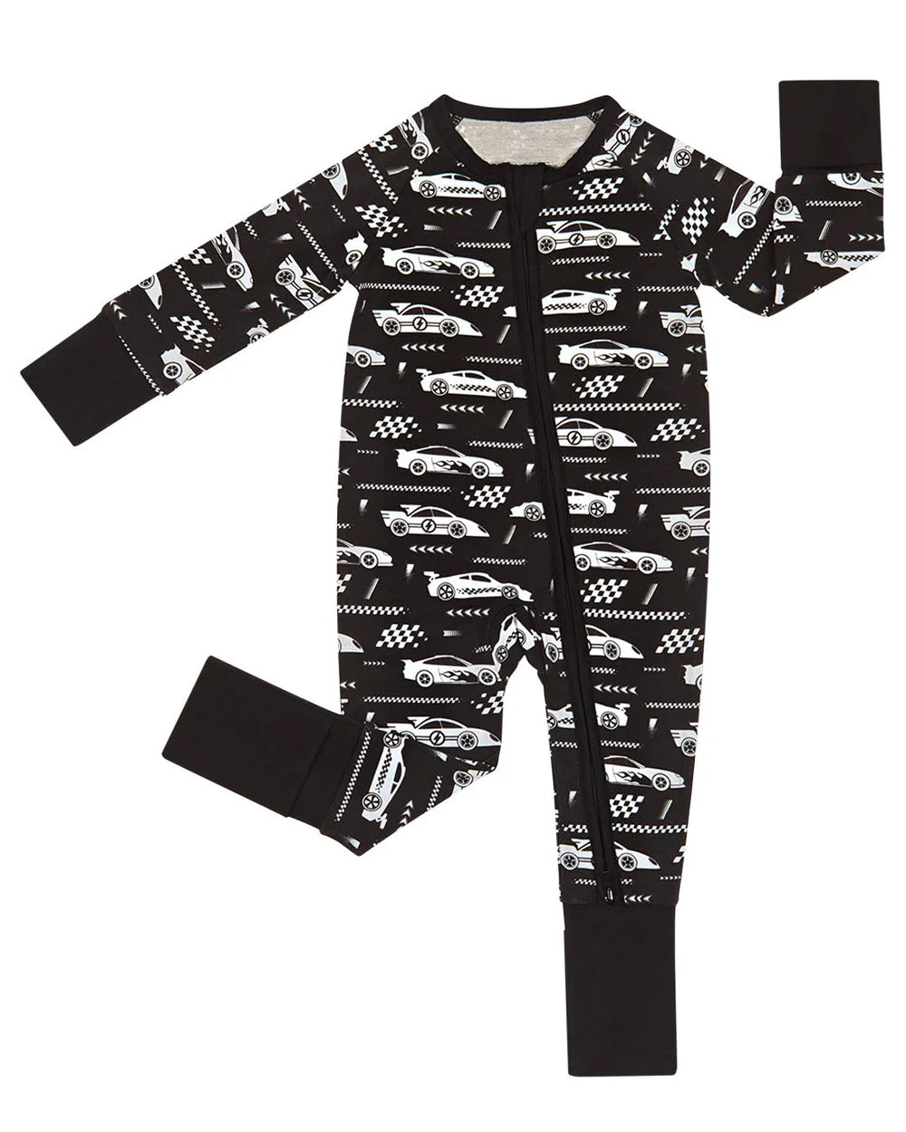 Baby Boys Black Motor Cars Flags Zipper Footie Rompers Preorder