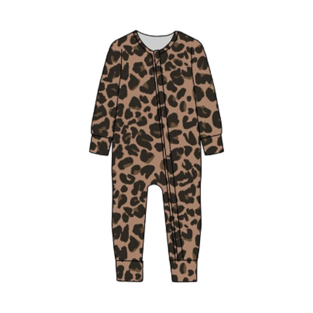 Baby Boys Long Sleeve Brown Leopard Zipper Footie Rompers Preorder