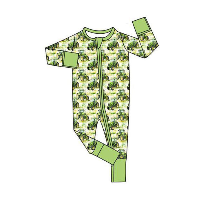 Baby Boys Green Trucks Plaid Farm Zipper Footie Rompers Preorder