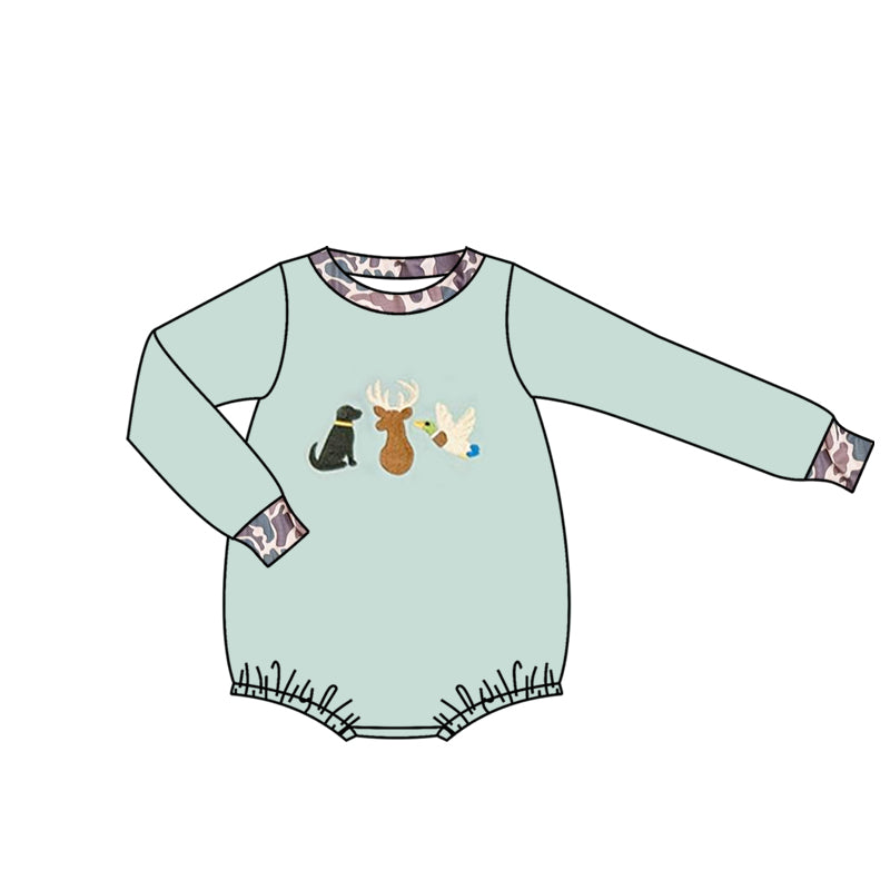 Baby Boys Blue Long Sleeve Dogs Deer Ducks Hunting Rompers Preorder