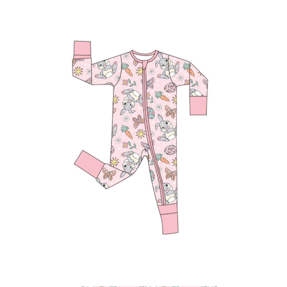 Baby Girls Rabbits Carrots Flowers Easter Two Way Zip Convertible Rompers Preorder