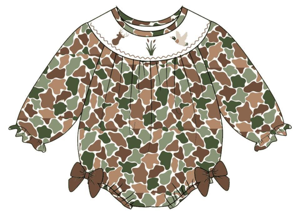 Baby Girls Green Brown Camo Ducks Deer Ruffle Sleeve Hunting Rompers Preorder