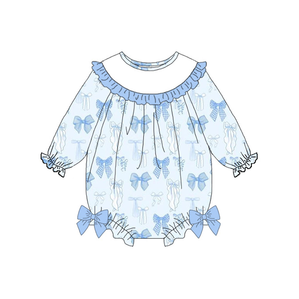 Baby Girls Blue Bows Plaid Long Sleeve Valentine Ruffle Rompers Preorder