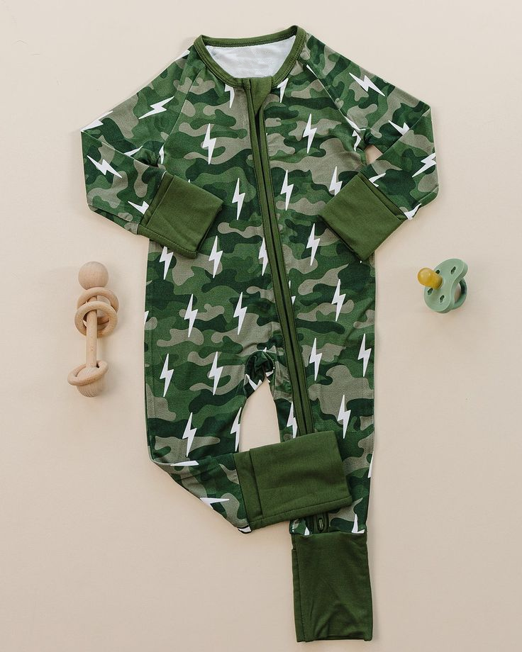 Baby Boys Green Camo Lightnings Two Way Zip Southern Convertible Rompers Preorder
