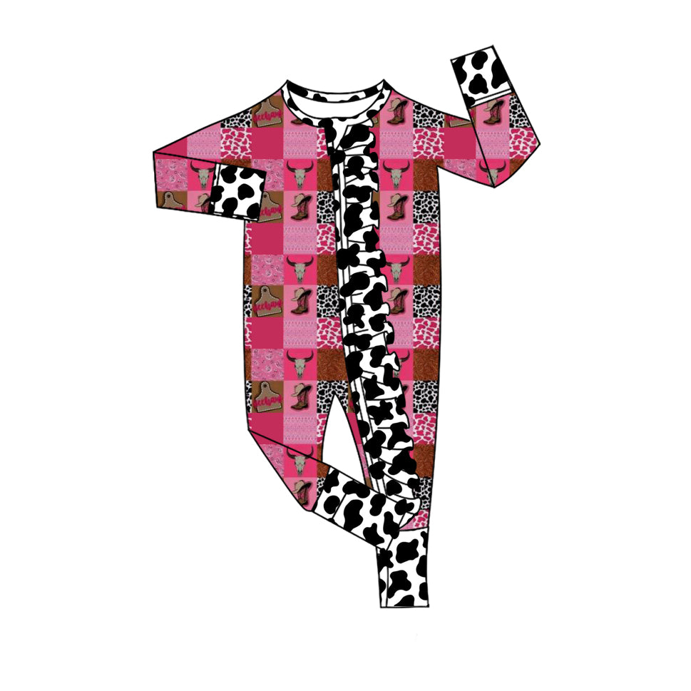 Baby Girls Western Cows Two Way Ruffle Zip Convertible Rompers Preorder