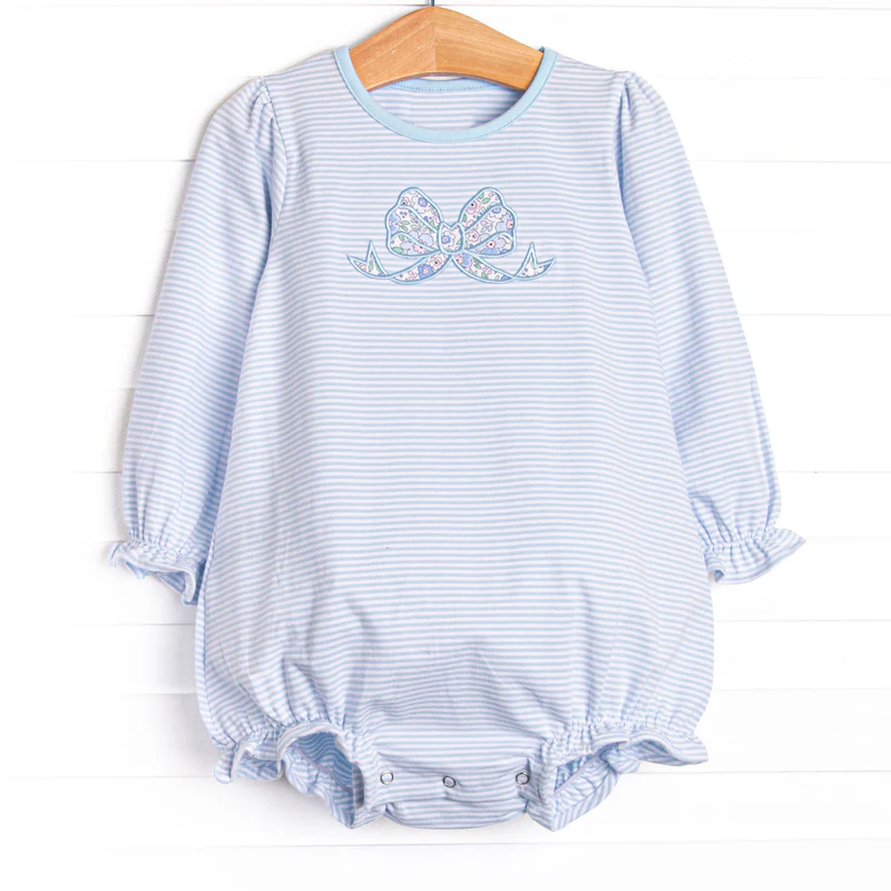 Baby Girls Blue Stripe Floral Bows Ruffle Rompers Preorder