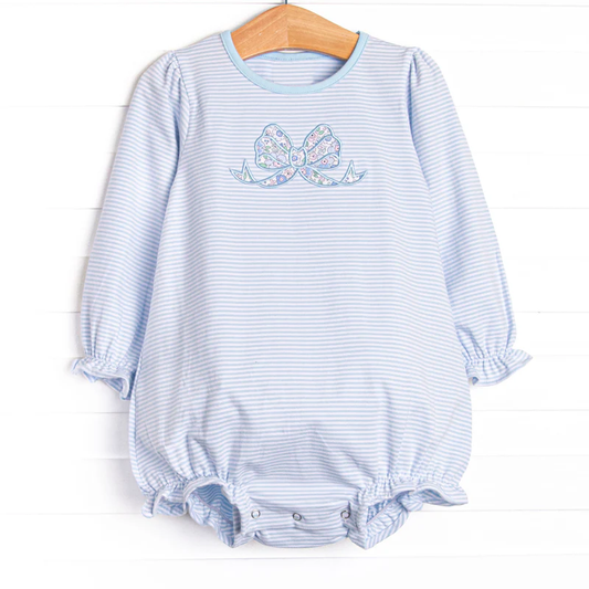 Baby Girls Blue Stripe Floral Bows Ruffle Rompers Preorder