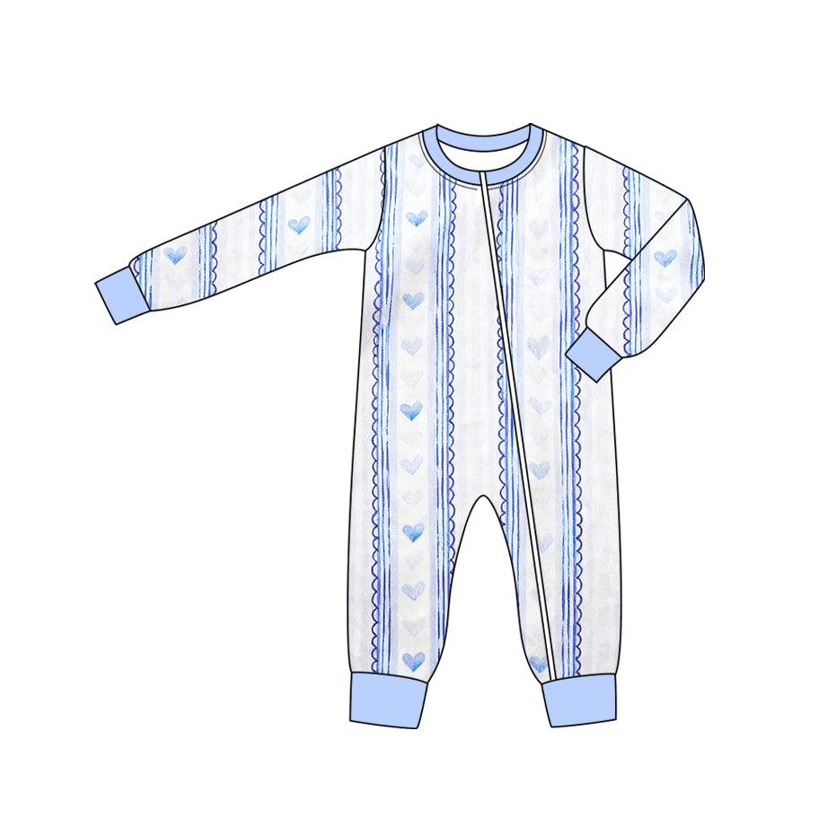 Baby Boys Blue Hearts Stripe Valentines Two Way Zip Convertible Rompers Preorder