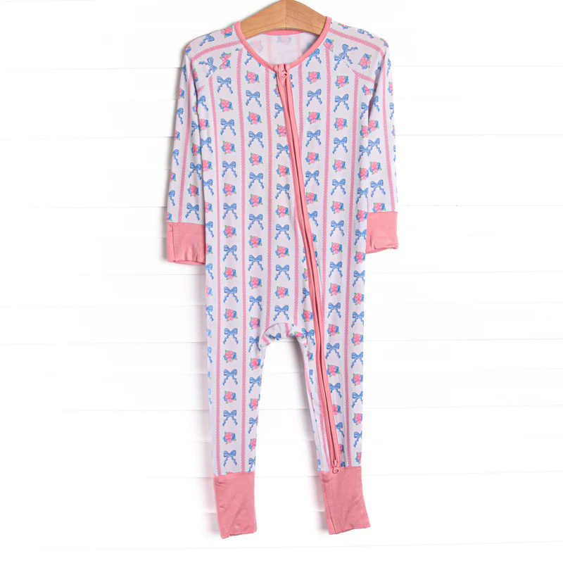 Baby Girls Pink Blue Bows Flowers Stripe Two Way Zip Convertible Rompers Preorder