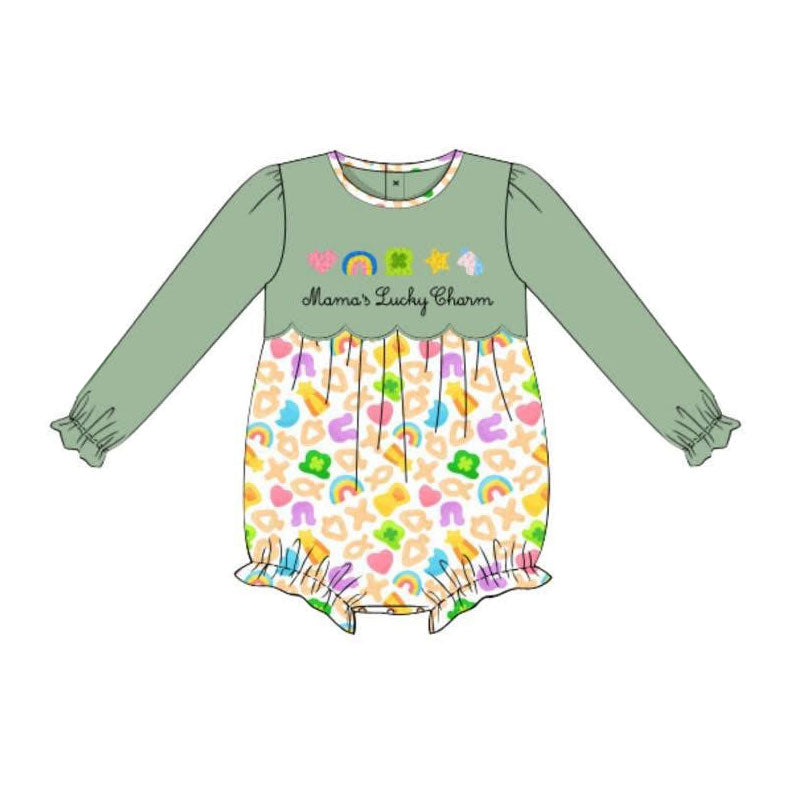 Baby Girls Clovers Rainbows St Patrick Long Ruffle Sleeve Rompers Preorder