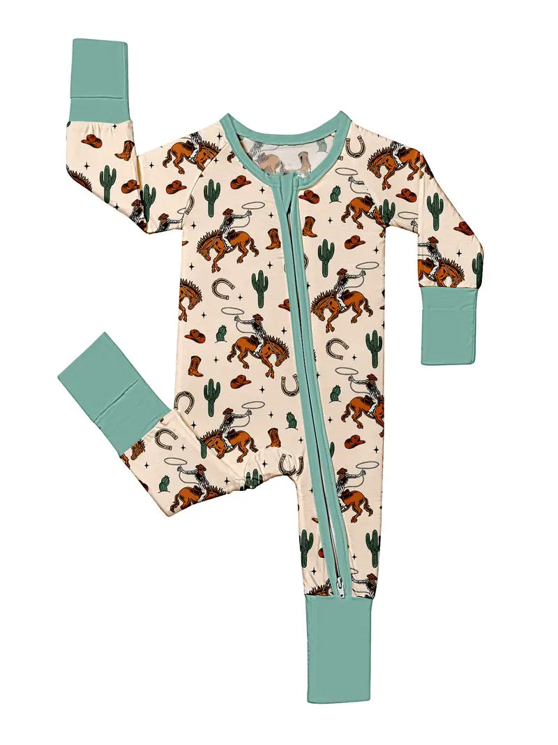 Baby Boys Cactus Horse Rodeo Boots Western Two Way Zip Convertible Rompers Preorder