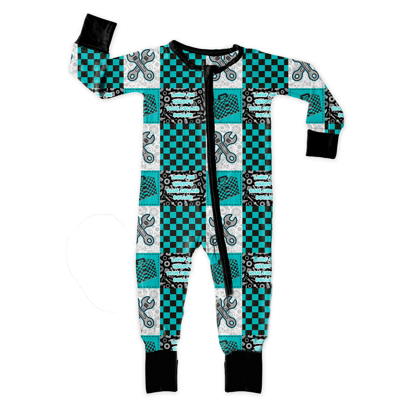 Baby Boys Tools Daddy's Blue Collar Dollar Two Way Zip Convertible Rompers Preorder