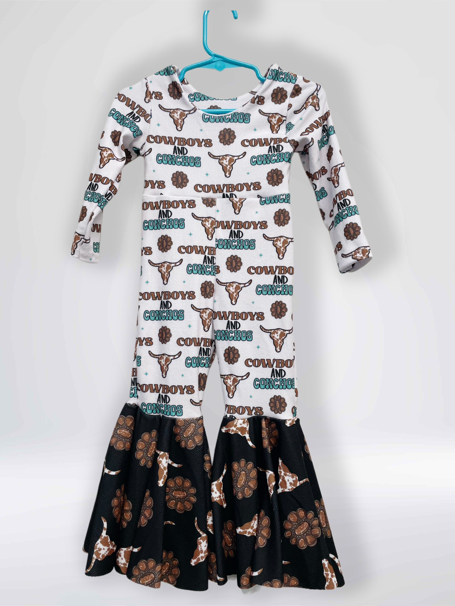Baby Girls Bull Skulls Turquoises Western Bell Bottom Pant Jumpsuits Preorder