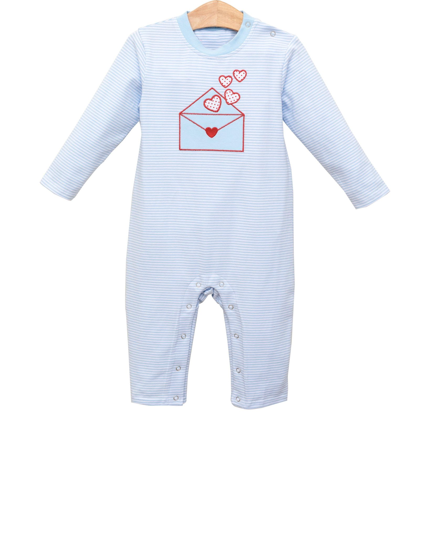 Baby Boys Long Sleeve Blue Stripe Hearts Letters Valentines Footie Rompers Preorder