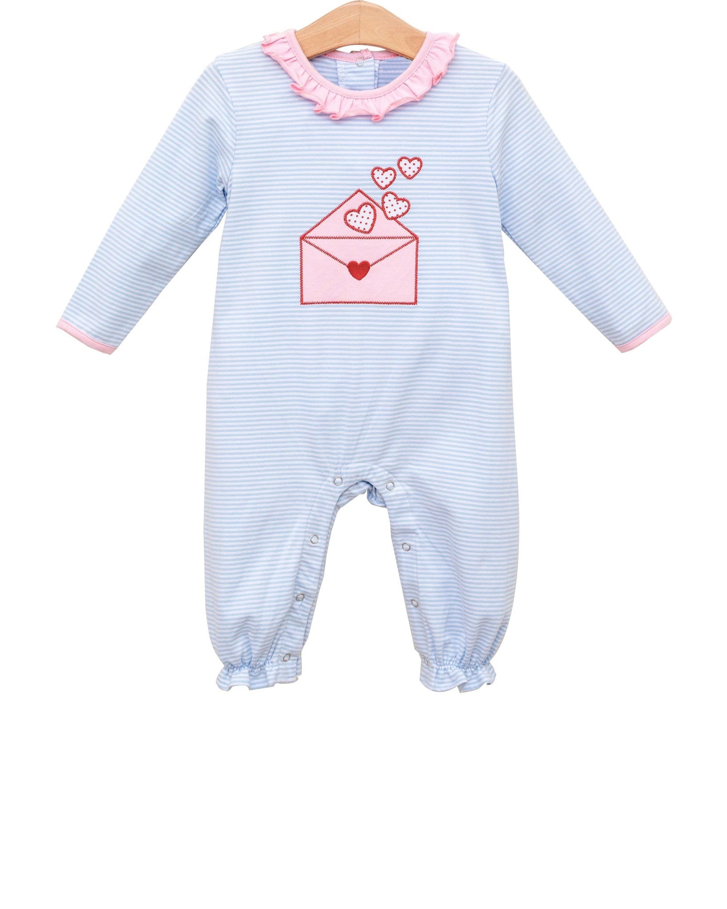 Baby Girls Long Sleeve Blue Stripe Heart Letters Valentines Collar Footie Rompers Preorder