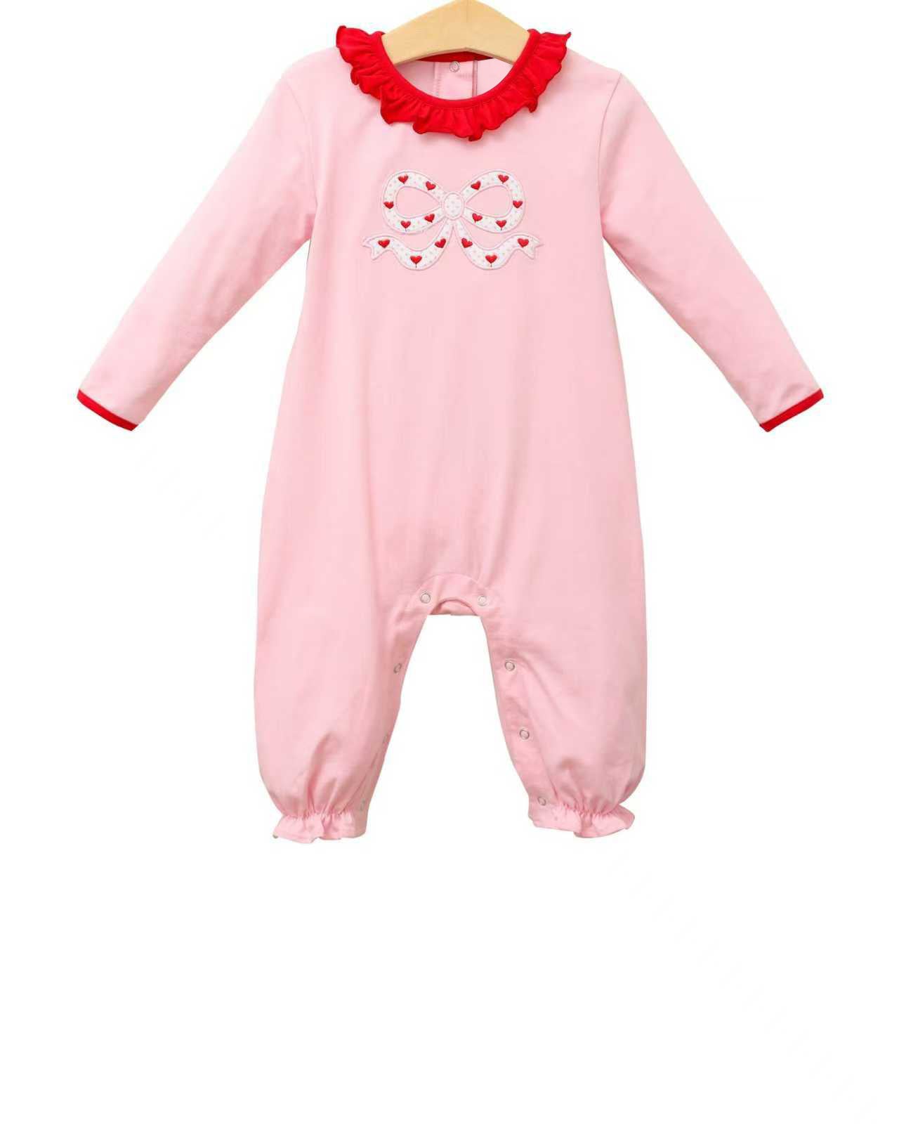 Baby Girls Long Sleeve Pink Heart Bows Valentines Collar Footie Rompers Preorder