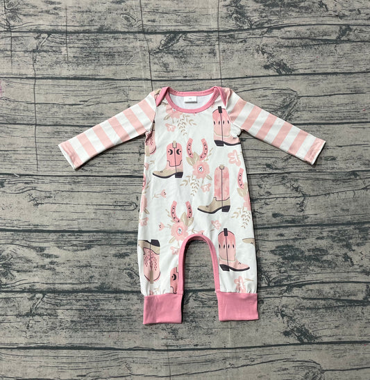 Baby Girls Pink Boots Flowers Western Footie Rompers