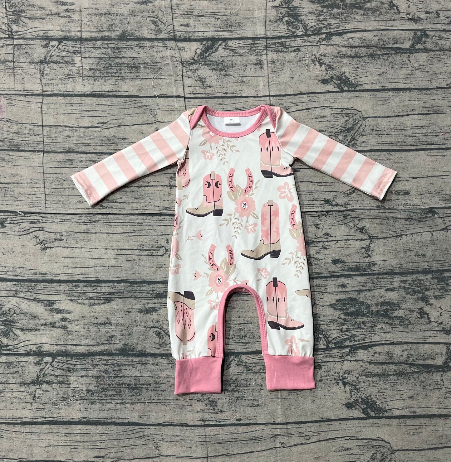 Baby Girls Pink Boots Flowers Western Footie Rompers