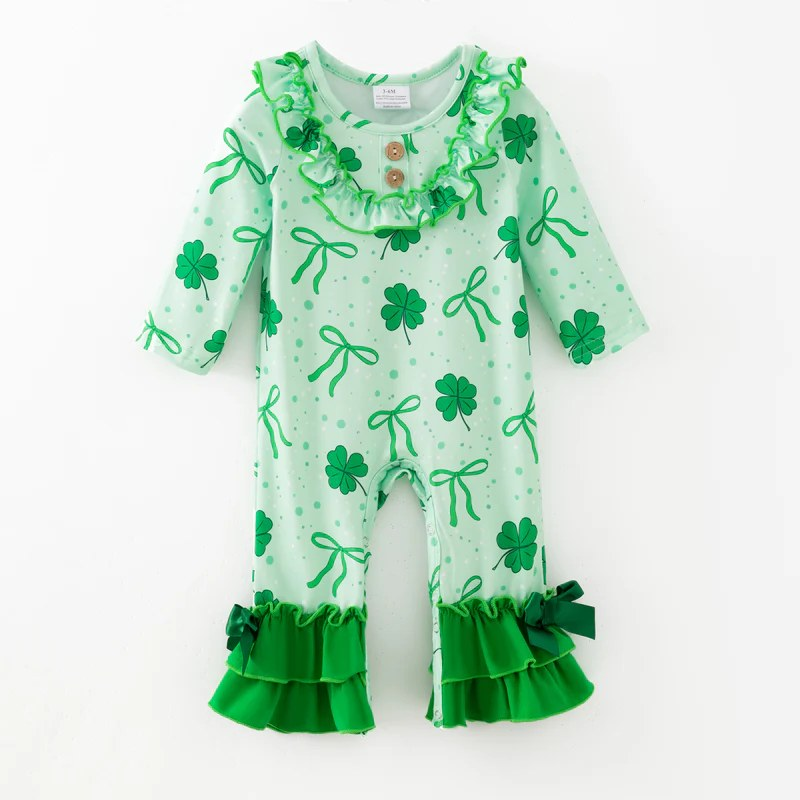 Baby Girls Green Bow Clovers Button Collar St Patrick Ruffle Footie Rompers Preorder