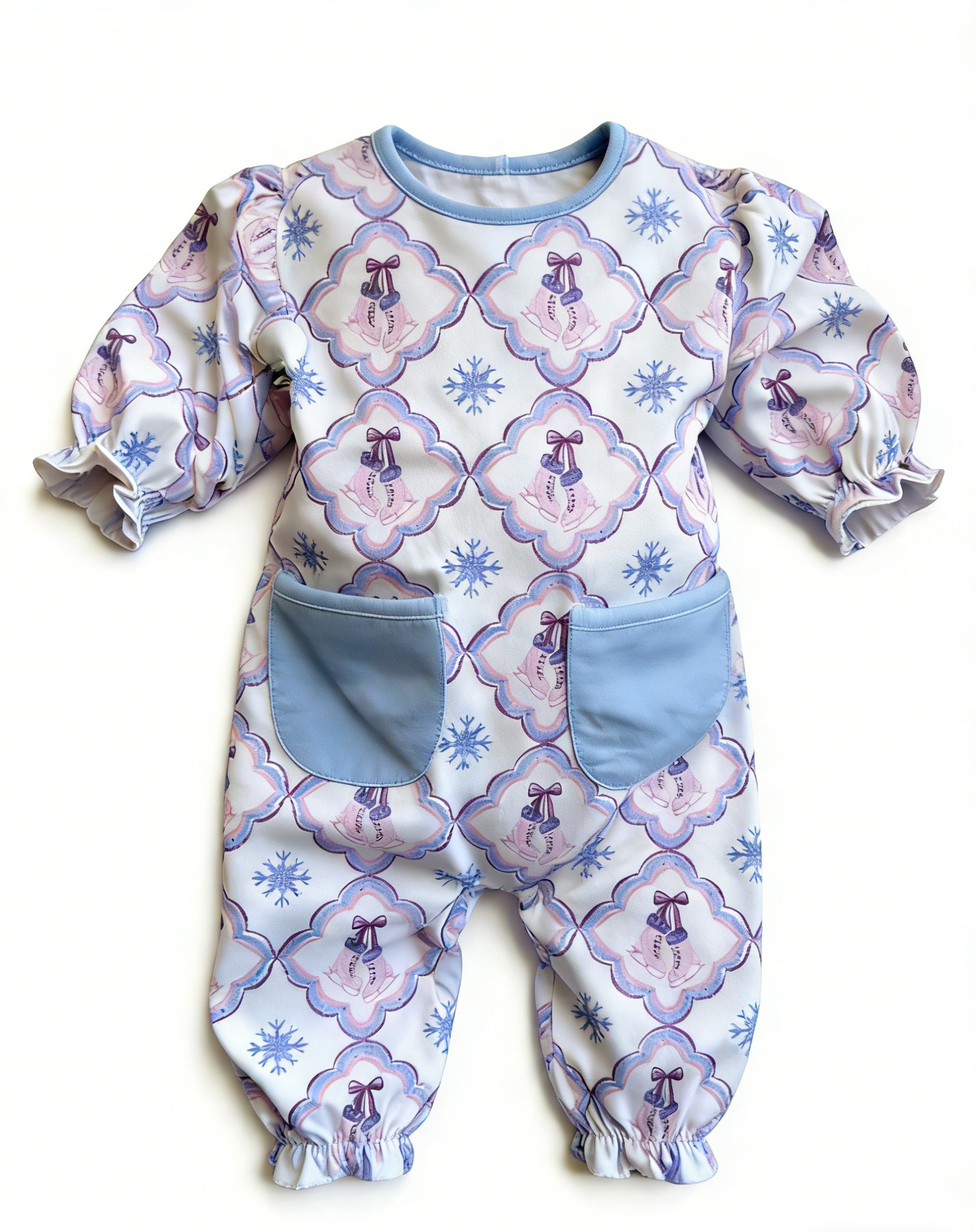 Baby Girls Snowflakes Checked Pockets Ruffle Footie Rompers Preorder