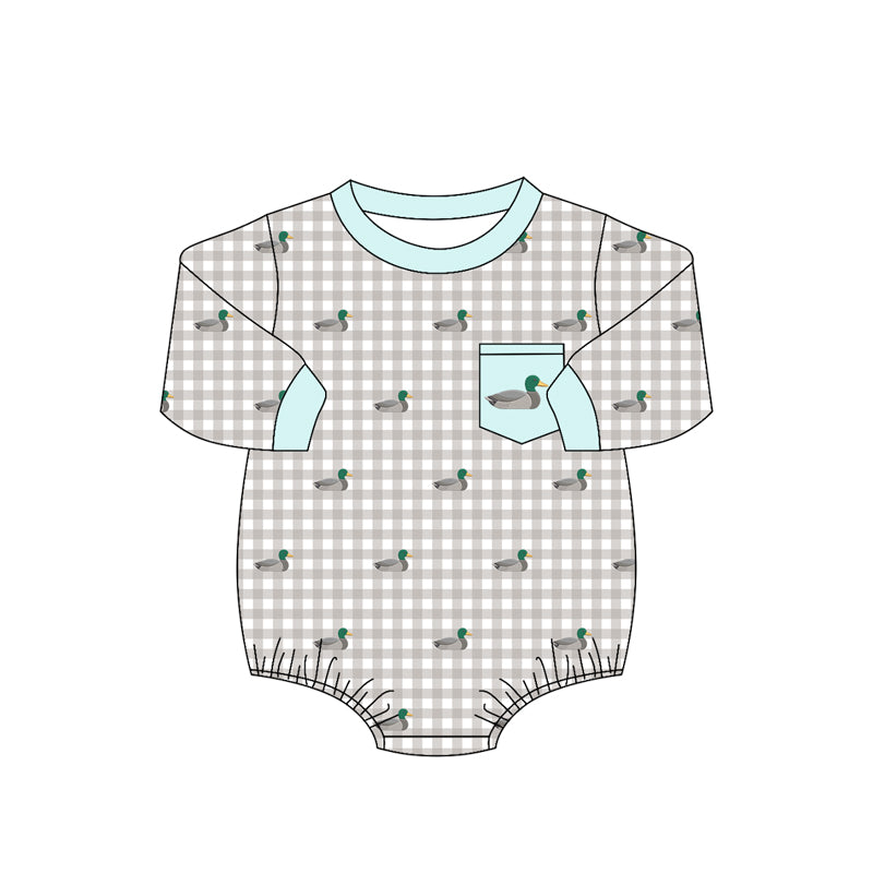 Baby Boys Long Sleeve Grey Checked Ducks Pocket Hunting Rompers Preorder