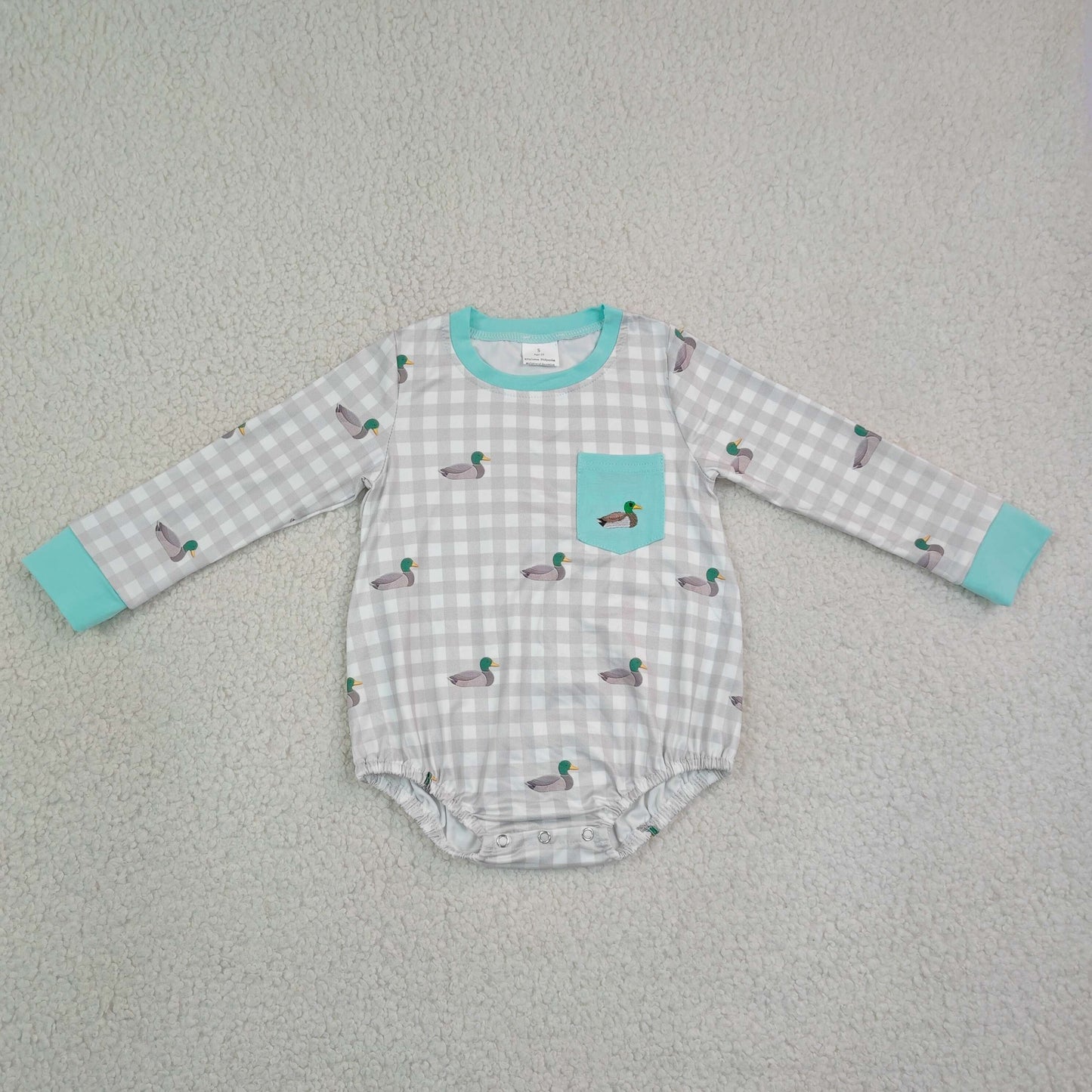 Embroidery Duck Pocket Baby Boys Long Sleeve Checked Hunting Rompers