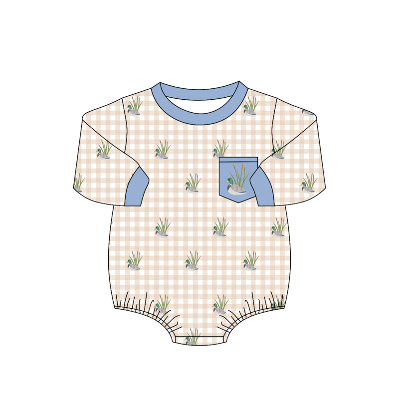 Baby Boys Long Sleeve Khaki Checked Ducks Pocket Hunting Rompers Preorder