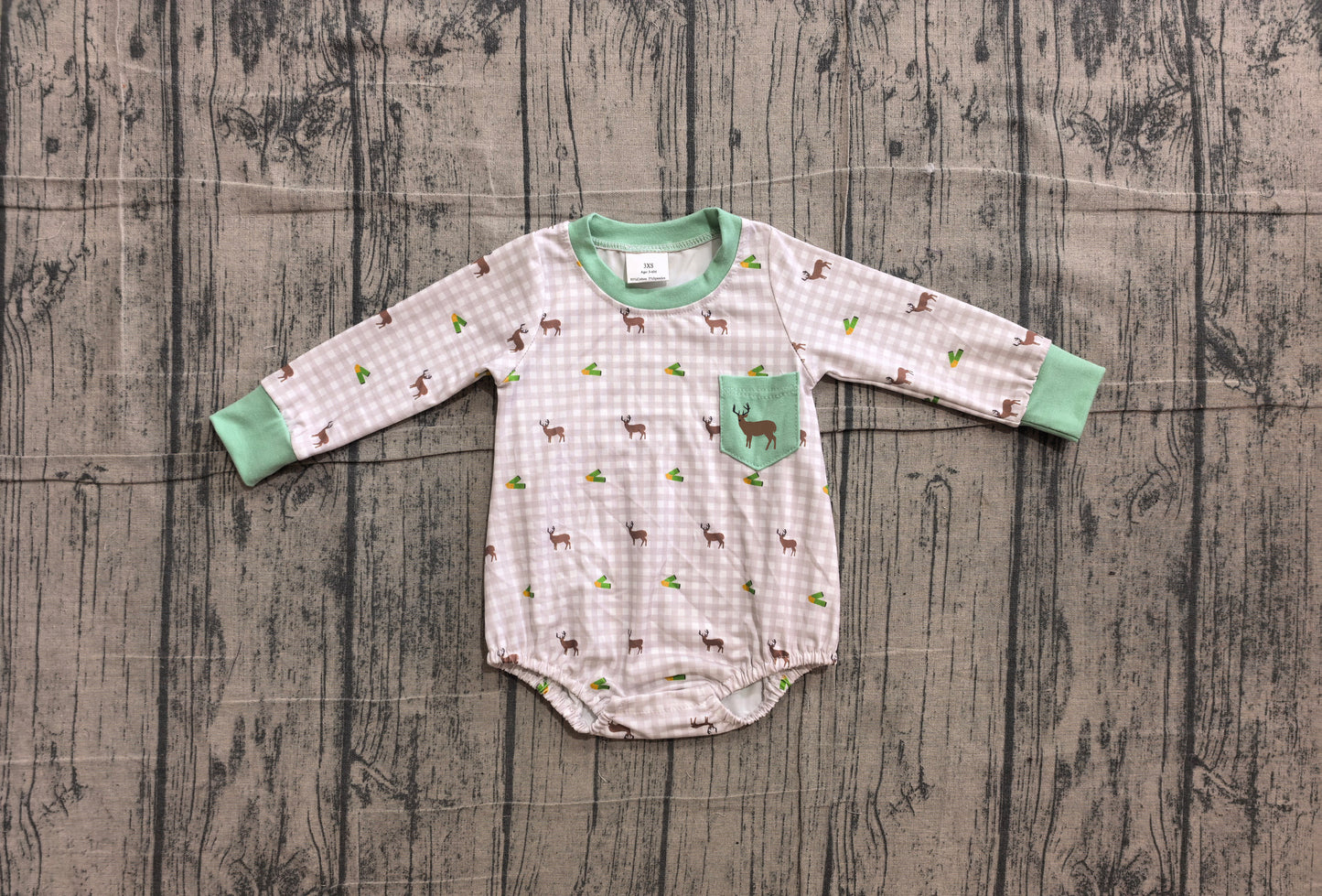 Embroidery Deer Pocket Baby Boys Long Sleeve Checked Hunting Rompers Preorder