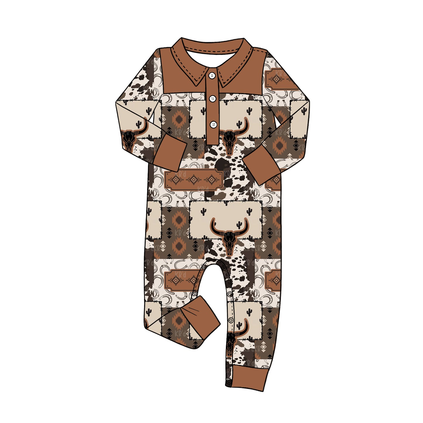 Baby Boys Long Sleeve Aztec Bull Skulls Western Button Rompers Preorder