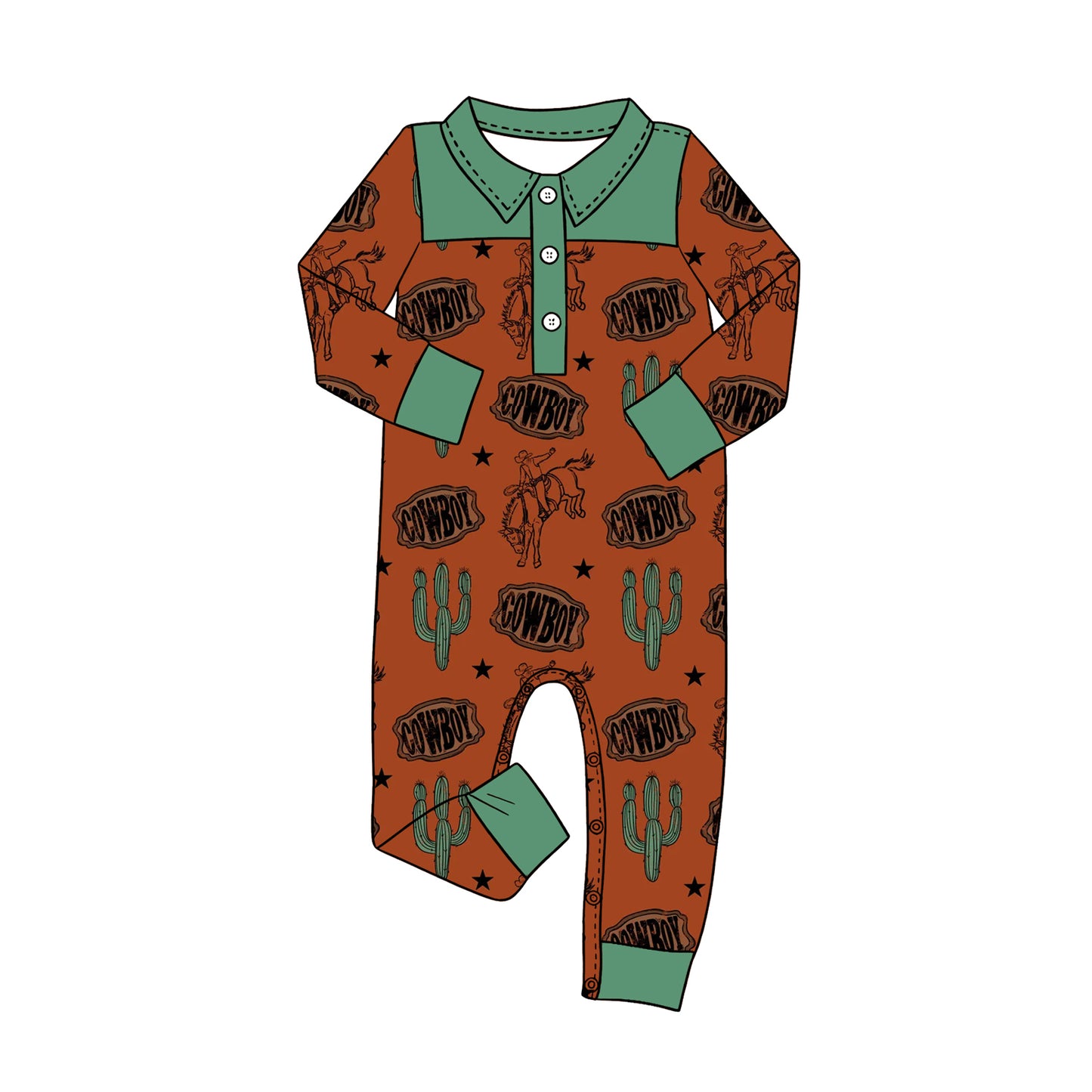 Baby Boys Long Sleeve Cowboy Horse Western Button Rompers Preorder
