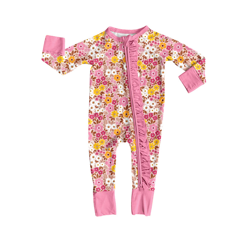 Baby Girls Long Sleeve Colorful Flowers Two Way Ruffle Zip Convertible Rompers Preorder
