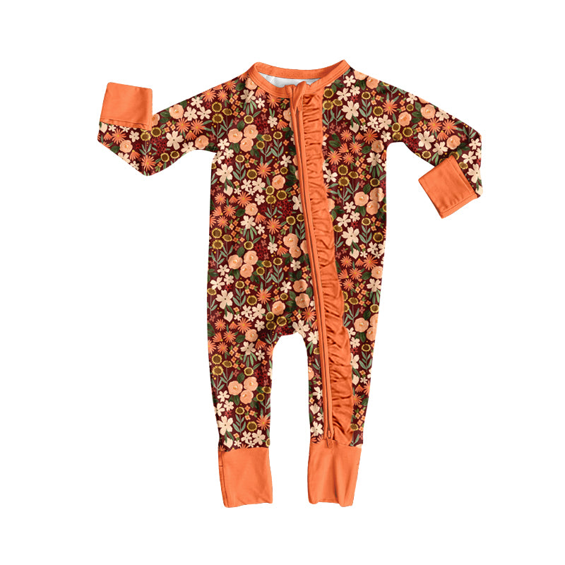 Baby Girls Long Sleeve Colorful Flowers Two Way Ruffle Zip Convertible Rompers Preorder