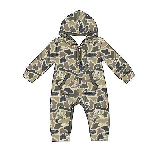 Baby Boys Long Sleeve Ducks Camo Hunting Zip Pockets Pant Rompers Preorder