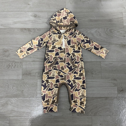 Baby Boys Grey Ducks Camo Hunting Zip Pockets Hoodie Pant Rompers
